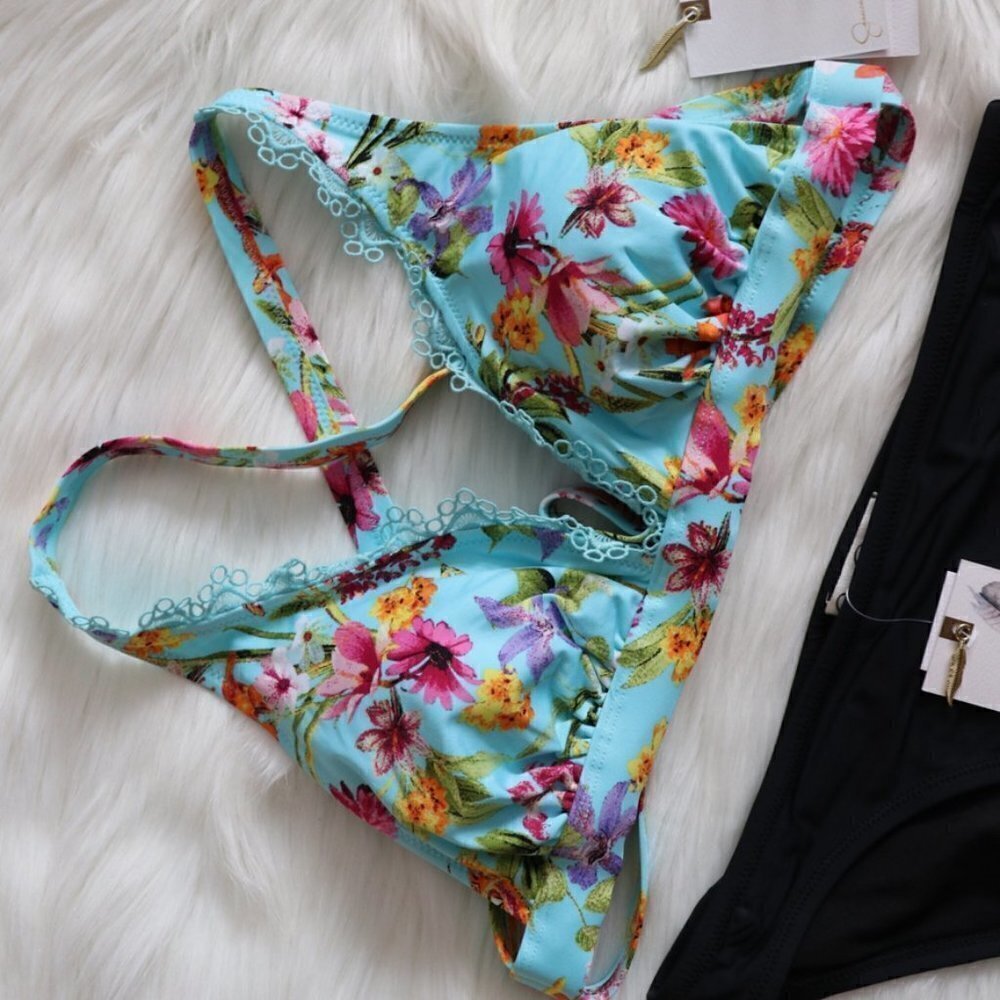 NEW Blue Black Floral Print Eden Print Lace Bikini Swim Set Size Small - Picture 2 of 8